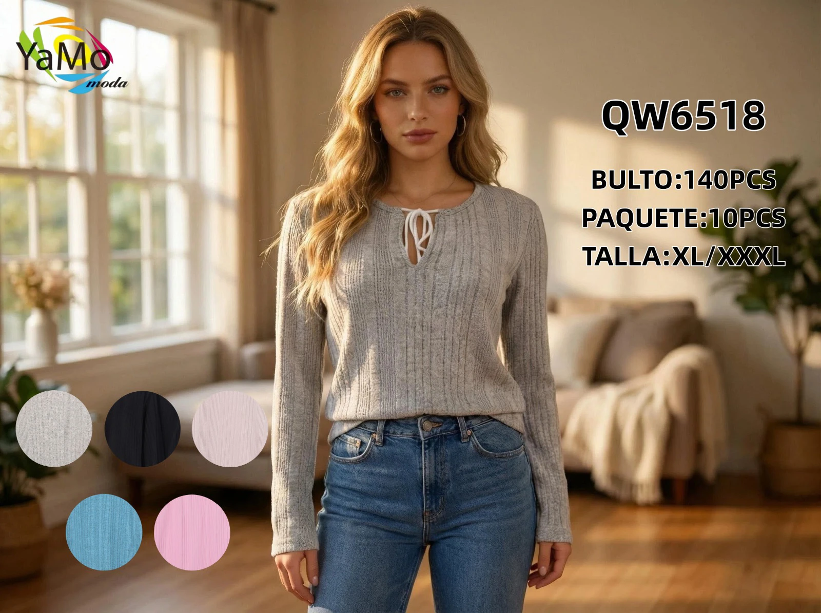 Suéter de punto de manga larga con cordón-QW6518