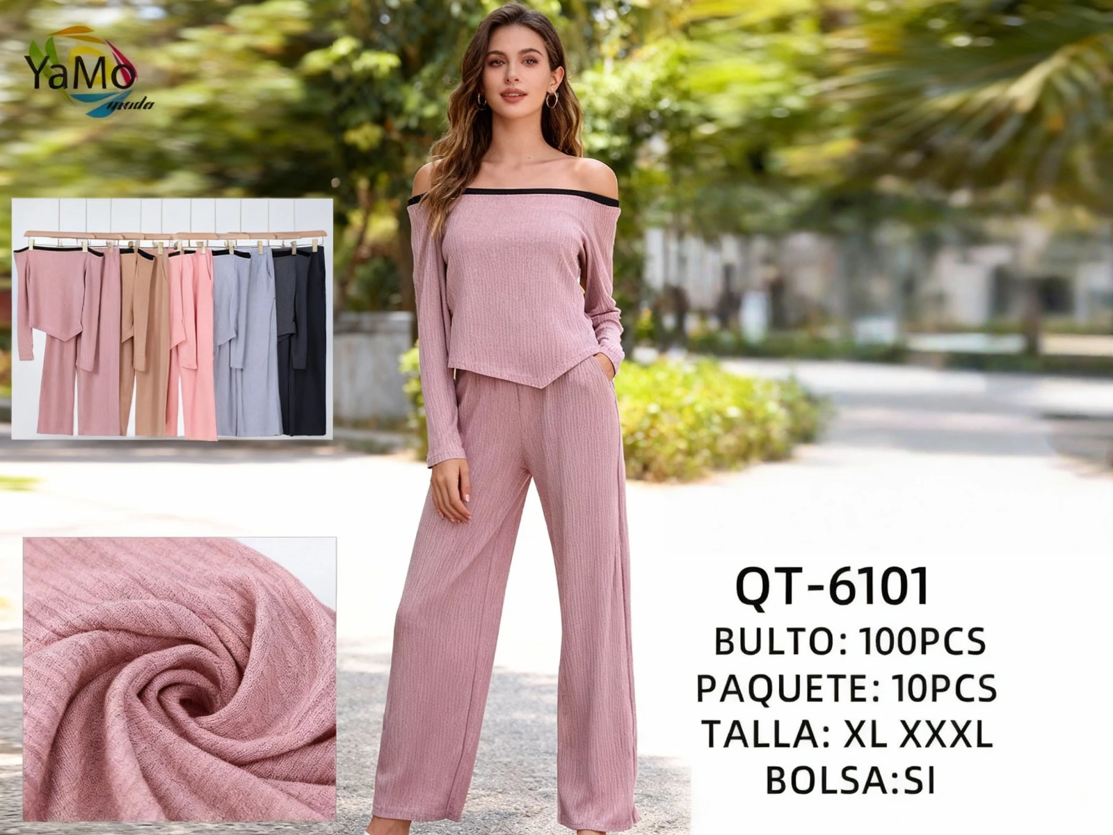 Conjunto de top hombros descubiertos y pantalón-QT6101