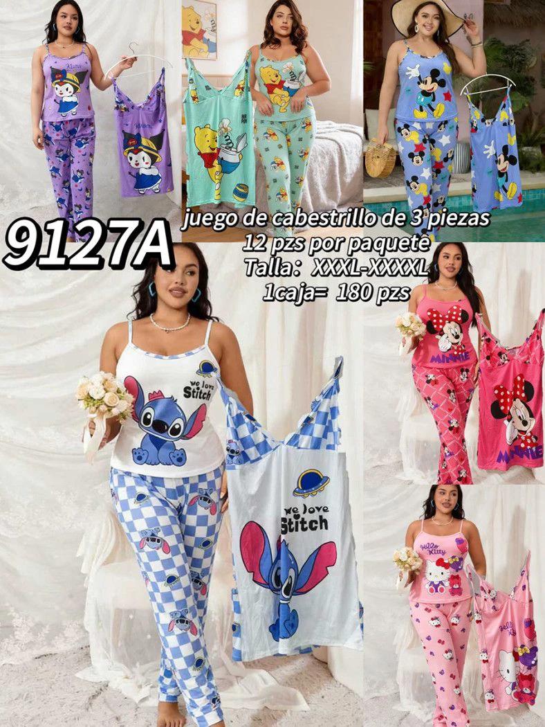 Pijama de 3 Piezas con Estampados de Personajes para Mujer-9127A