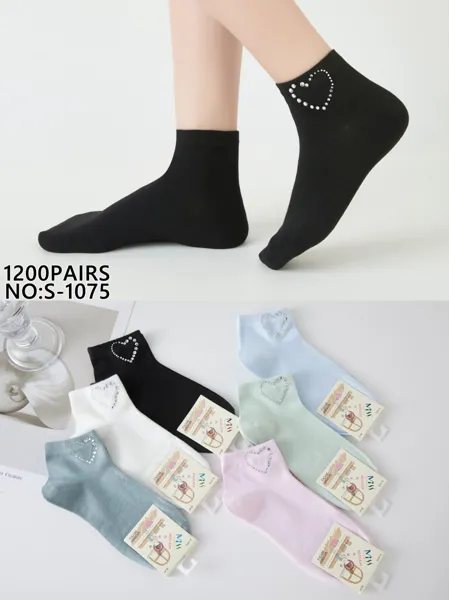 Calcetines tobilleros con diseño de corazón de pedrería-S-1075