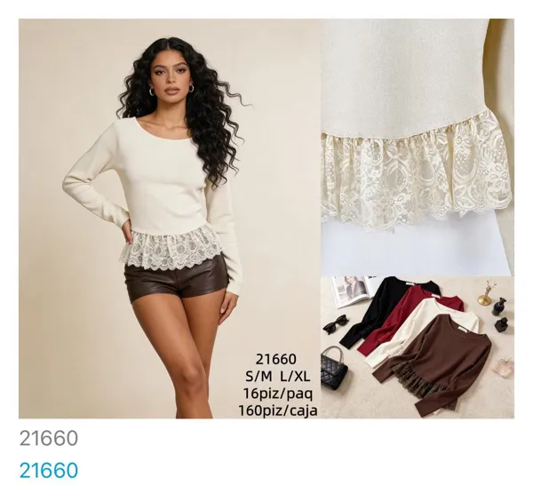 Blusa de punto con detalle de encaje-21660
