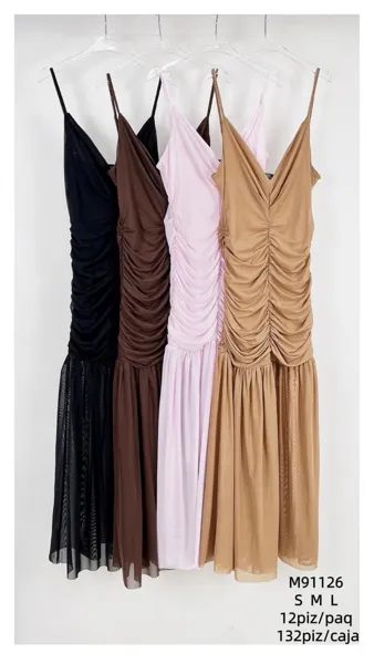 Vestido mesh largo fruncido de tirantes-M91126