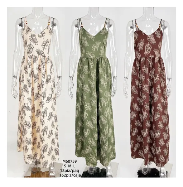 Vestido largo de tirantes estampado de hojas-M60759