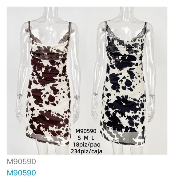 Vestido corto con estampado de vaca y detalles de encaje-M90590