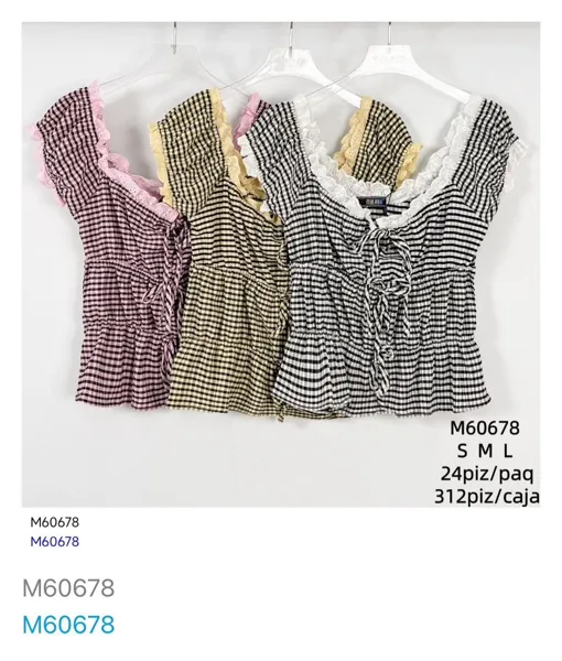 Top de cuadros con encaje y lazo-M60678