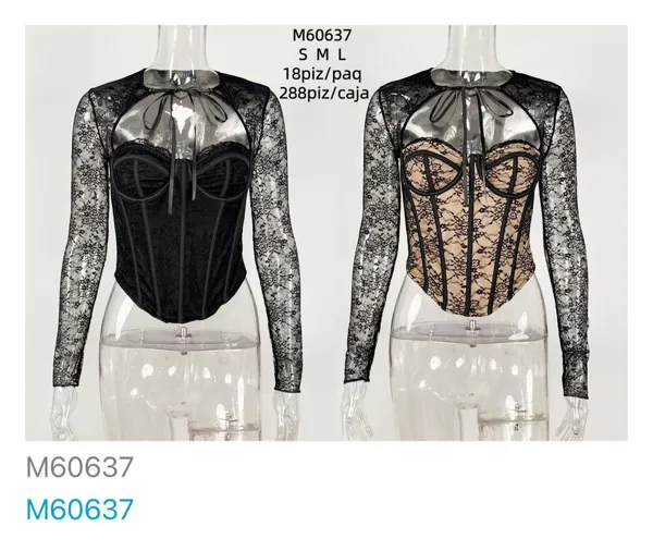 Top estilo Corset de Encaje con Mangas Largas-M60637