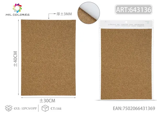 30*40cm*3mm 1pcs corcho con adhesivo