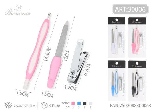 Lima de uñas 12cm + tenacilla para cutículas 13.5cm + cortaúñas 6.7cm set de 3 piezas