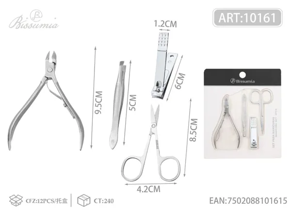 Tijera A con acabado espejo + cuadrícula pequeña + pinza para cejas con estrías + 10 pinzas