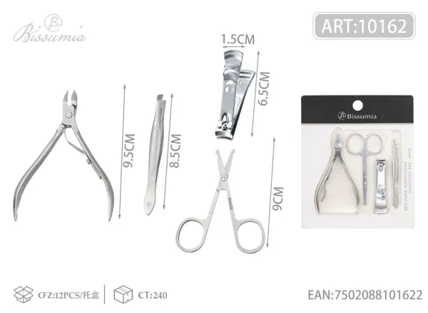 Tijera redonda con acabado espejo + carita sonriente + pinza para cejas con estrías + 10 pinzas