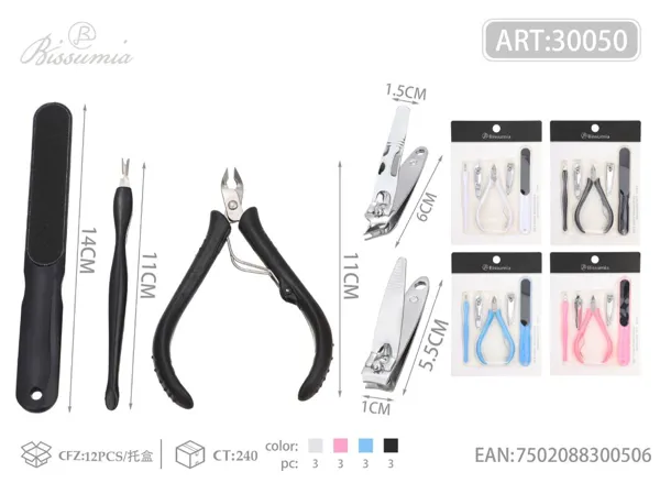 Set de manicura con tenacilla para cutículas + cortador en ángulo + pinza de plástico No.1 + 602 + lima de plástico con arena