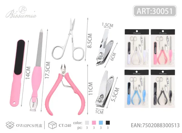 Set de manicura con lima de plástico con arena + tijera A con acabado espejo + pinza de plástico No.1 + 602 + cortador en ángulo + doble lima