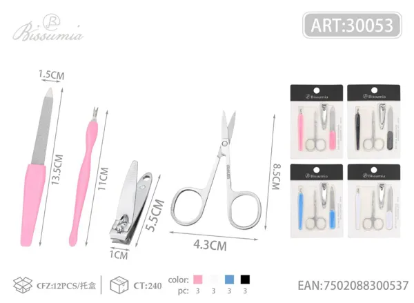 Tenacilla para cutículas + tijera A con acabado espejo + 602 + lima de plástico