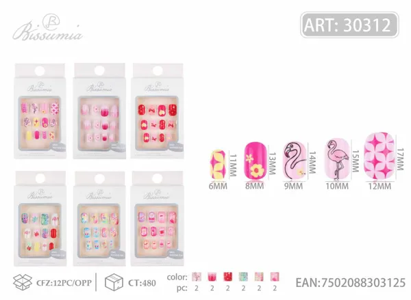 uñas postizas infantiles con estampado 4# 12pc/tarjeta