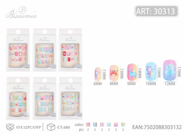 uñas postizas infantiles con estampado 5# 12pc/tarjeta