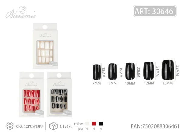 Uñas postizas French con brillo UV en blanco, negro y rojo