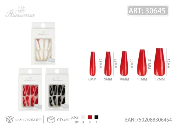 Uñas postizas largas en T con brillo UV en blanco, negro y rojo