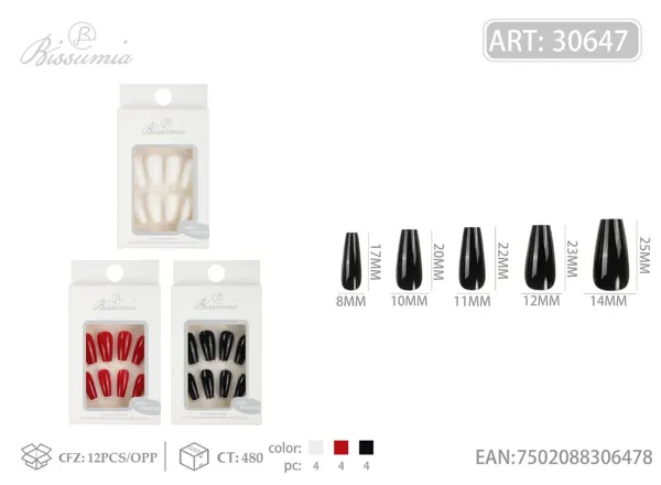 Uñas postizas medianas en T con brillo UV en blanco, negro y rojo