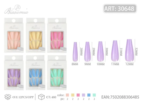 Uñas postizas largas en T con brillo UV de macarrón