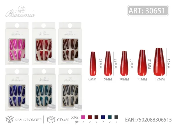 Uñas postizas largas en T con brillo UV de color sólido