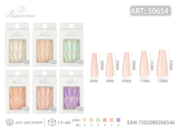 Uñas postizas largas en T con brillo UV de color brillante
