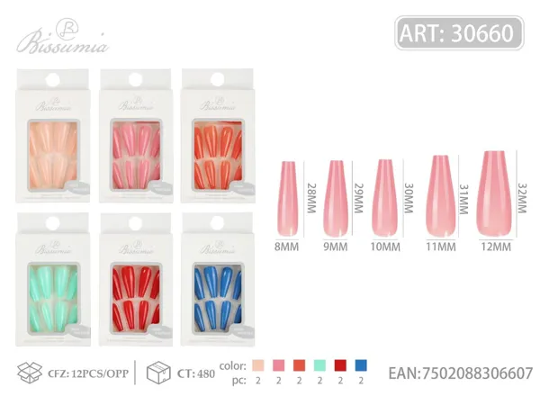 Uñas postizas largas en T con brillo UV de color sólido brillante
