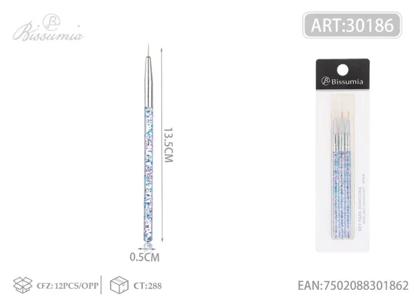 Set de 3 pinceles para manicura con purpurina transparente