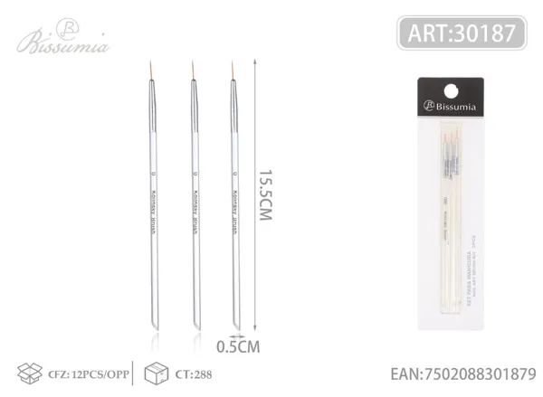Set de 3 pinceles para manicura con mango transparente