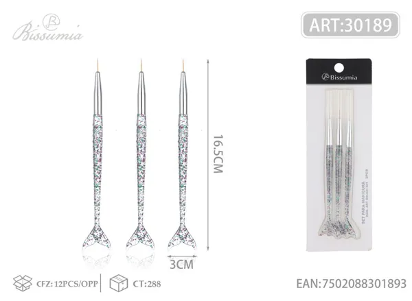 Set de 3 pinceles para manicura con forma de sirena transparente