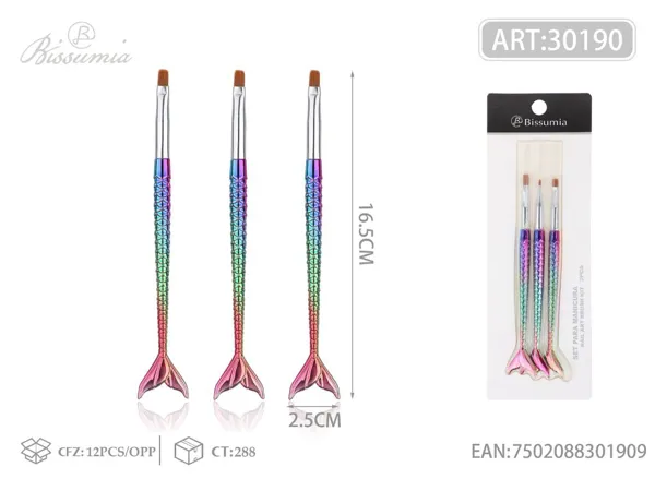 Set de 3 pinceles para manicura con punta plana de cola de pez