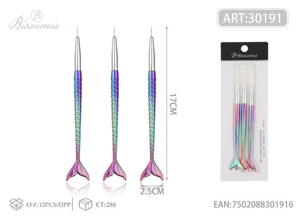 Set de 3 pinceles para manicura con forma de sirena