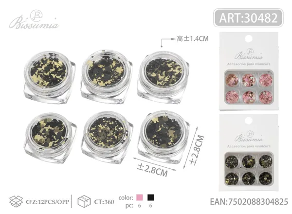 Lentejuelas de formas variadas para manicura de 6 compartimentos