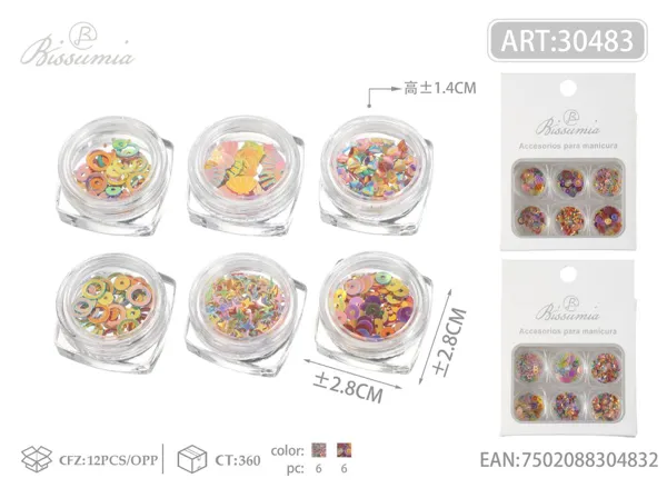 Lentejuelas de colores para manicura de 6 compartimentos
