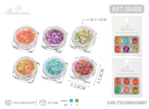 Lentejuelas de colores de caramelo para manicura de 6 compartimentos