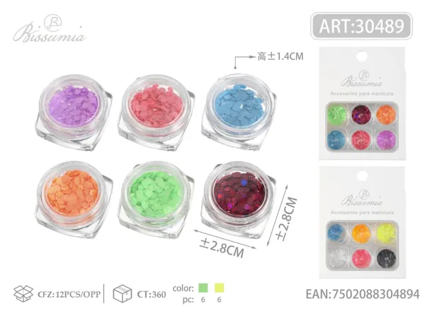 Lentejuelas fluorescentes para manicura de 6 compartimentos