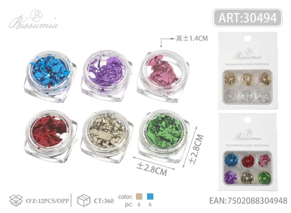 Pan de oro de colores para manicura de 6 compartimentos