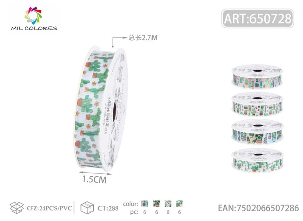 Cinta acanalada estampada 1.5cm*3Y-2.7m cactus
