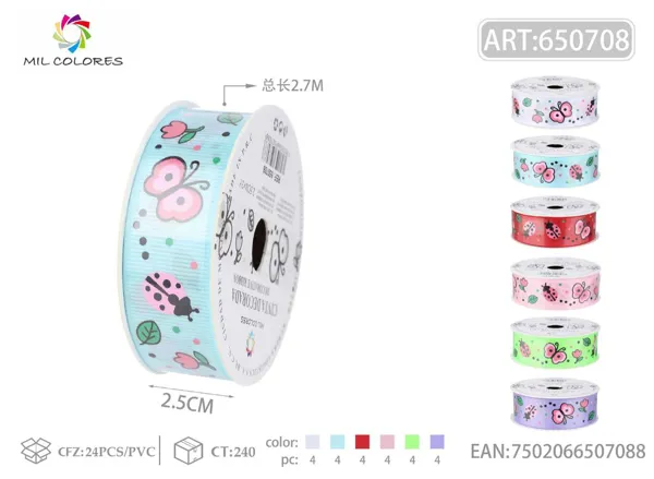 Cinta de ribete estampado 2.5cm*3Y-2.7m mariposa y escarabajo