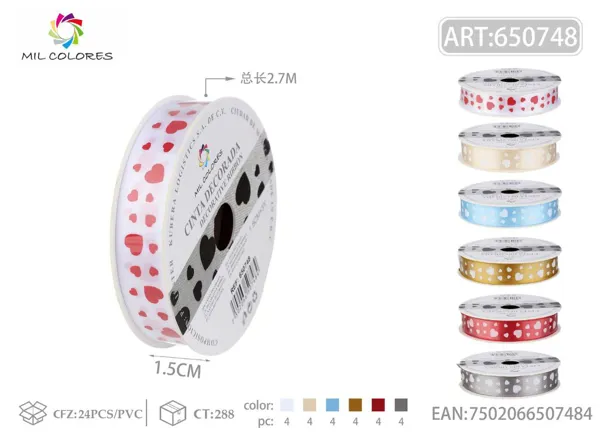 Cinta de canalé estampada con corazones grandes y pequeños 1.5cm*3Y-2.7m
