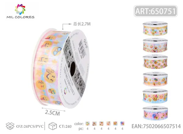 Cinta de canalé estampada con carita sonriente 2.5cm*3Y-2.7m