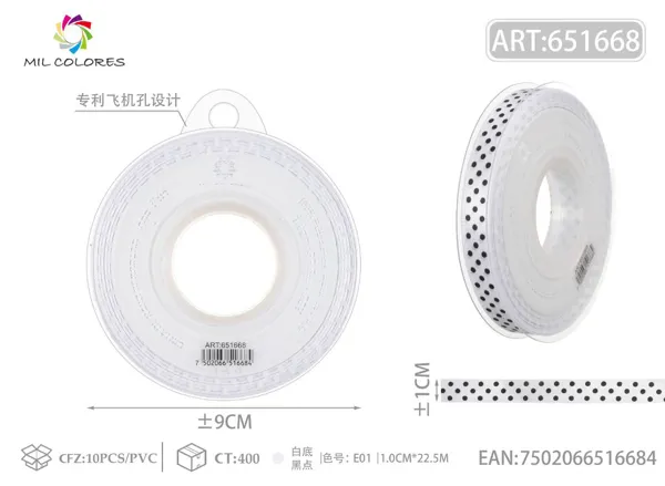 Cinta de poliéster 1.0cm*22.5m.25y blanco con puntos negros E01