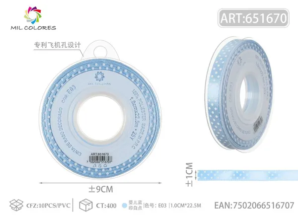 Cinta de poliéster 1.0cm*22.5m.25y azul bebé con puntos blancos E03
