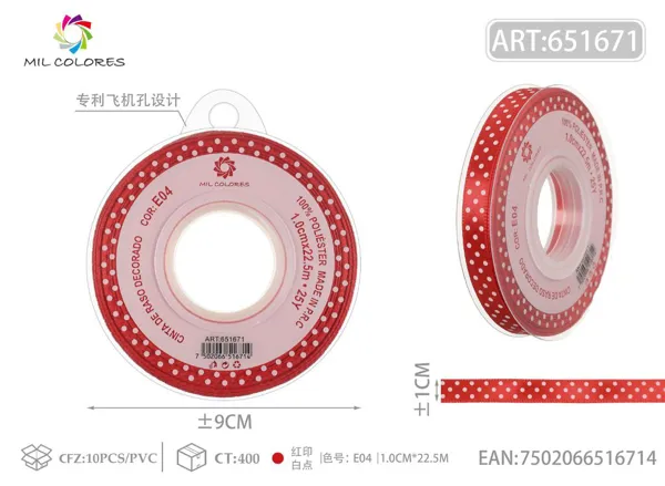 Cinta de poliéster 1.0cm*22.5m.25y rojo con puntos blancos E04