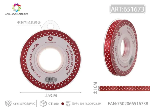 Cinta de poliéster 1.0cm*22.5m.25y rojo oscuro con puntos blancos E06