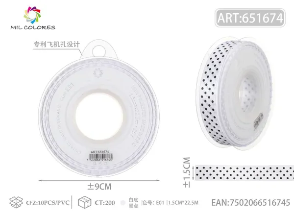 Cinta de poliéster 1.5cm*22.5m.25y blanco con puntos negros E01