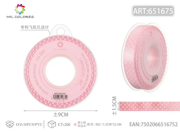 Cinta de poliéster 1.5cm*22.5m.25y rosa bebé con puntos blancos E02