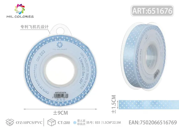 Cinta de poliéster 1.5cm*22.5m.25y azul bebé con puntos blancos E03