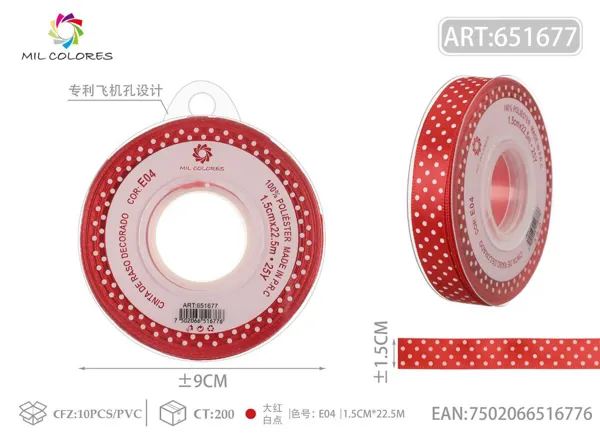 Cinta de poliéster 1.5cm*22.5m.25y rojo con puntos blancos E04