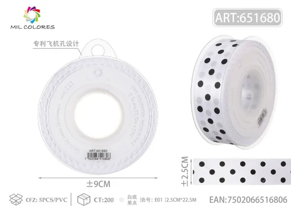 Cinta de poliéster 2.5cm*22.5m.25y blanco con puntos negros E01
