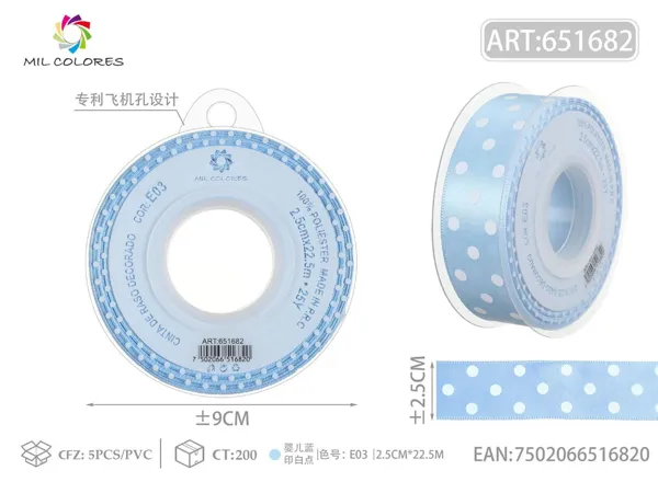 Cinta de poliéster 2.5cm*22.5m.25y azul bebé con puntos blancos E03